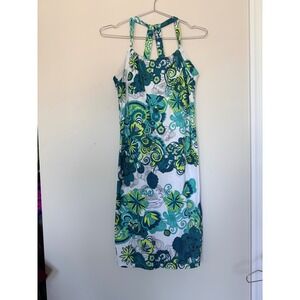 Prana Quinn Womens Paisley Floral Halter Dress Built-in Bra Teal Green Size M